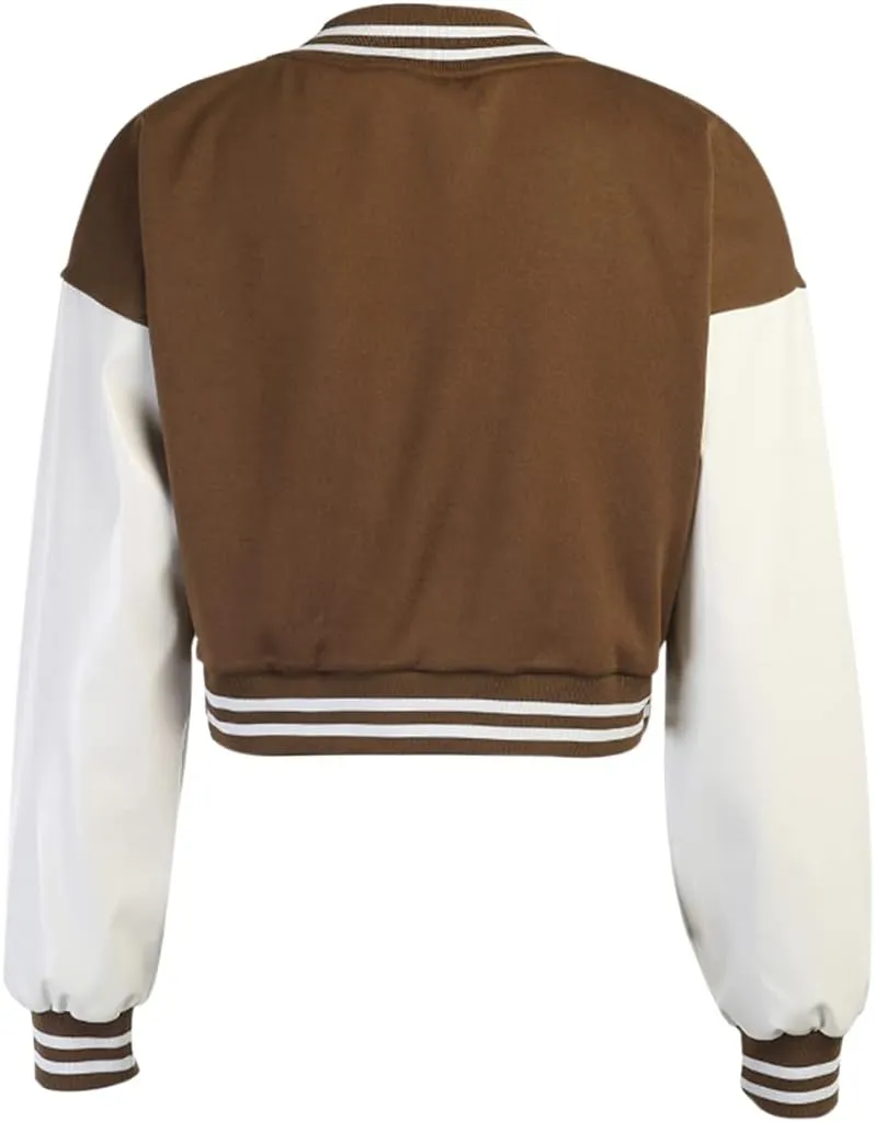 qfmqkpi Women Color block Crop Fleece Baseball Jacket Button Down Bomber Coats Sweatshirt