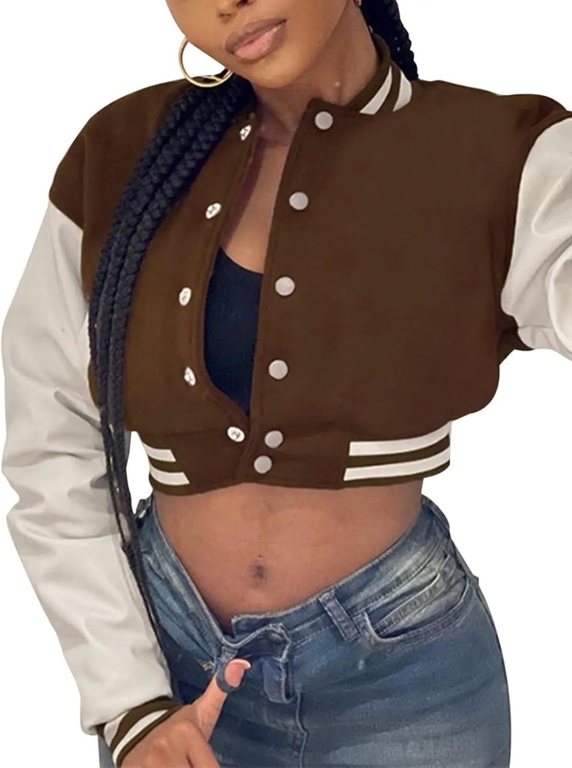 qfmqkpi Women Color block Crop Fleece Baseball Jacket Button Down Bomber Coats Sweatshirt