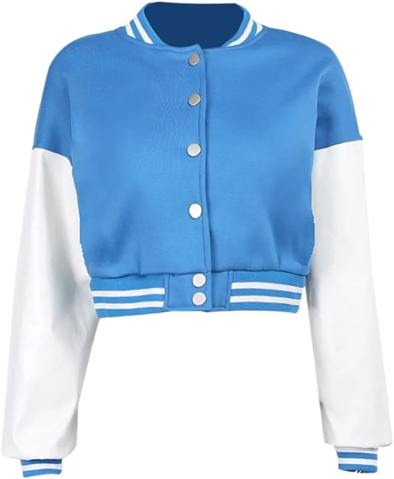 qfmqkpi Women Color block Crop Fleece Baseball Jacket Button Down Bomber Coats Sweatshirt