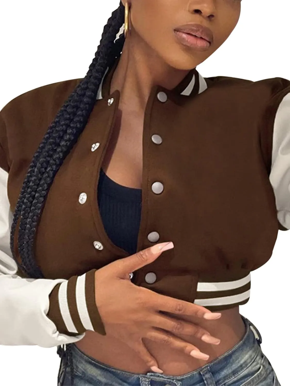 qfmqkpi Women Color block Crop Fleece Baseball Jacket Button Down Bomber Coats Sweatshirt