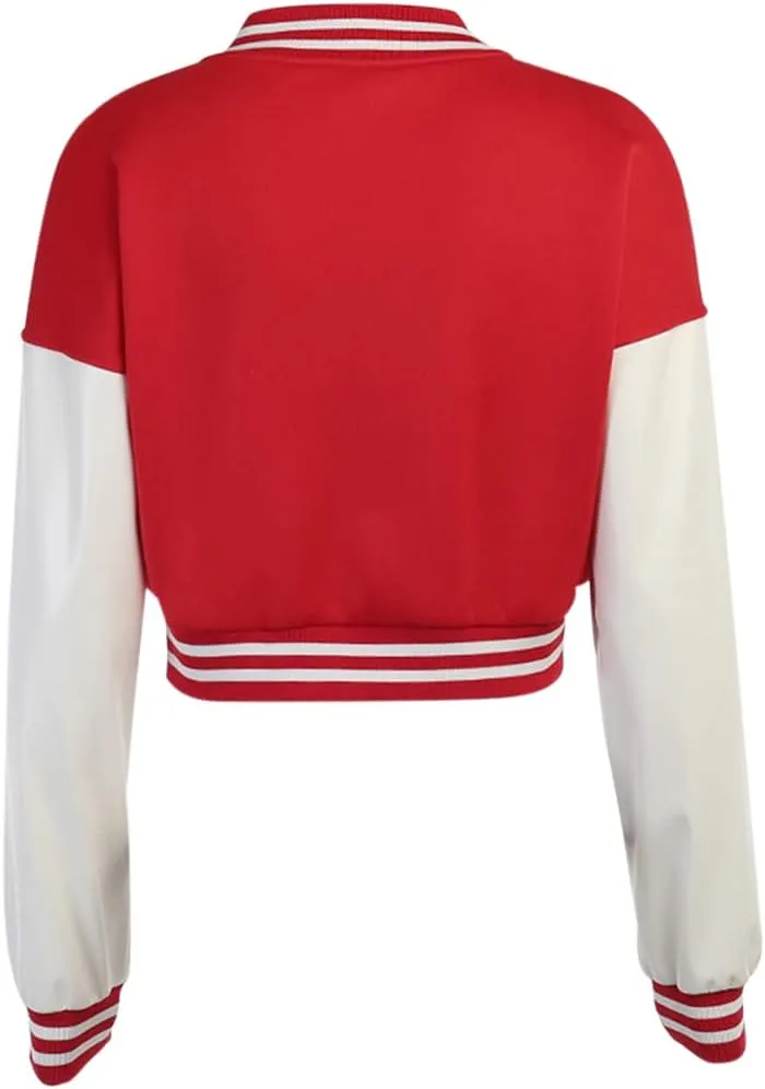 qfmqkpi Women Color block Crop Fleece Baseball Jacket Button Down Bomber Coats Sweatshirt