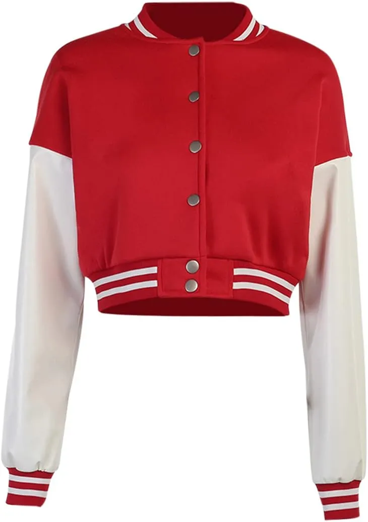 qfmqkpi Women Color block Crop Fleece Baseball Jacket Button Down Bomber Coats Sweatshirt