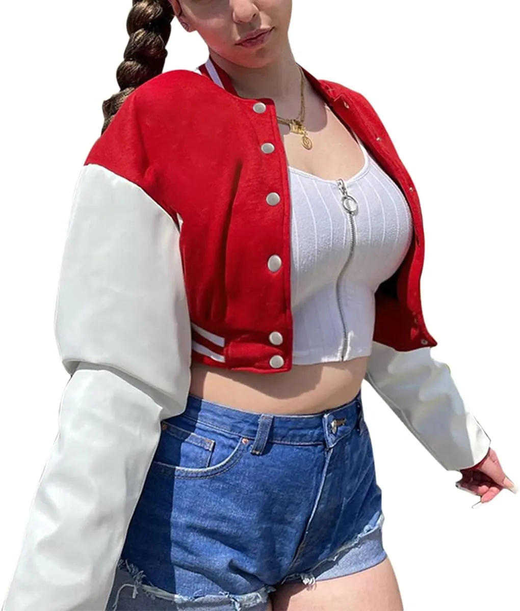 qfmqkpi Women Color block Crop Fleece Baseball Jacket Button Down Bomber Coats Sweatshirt