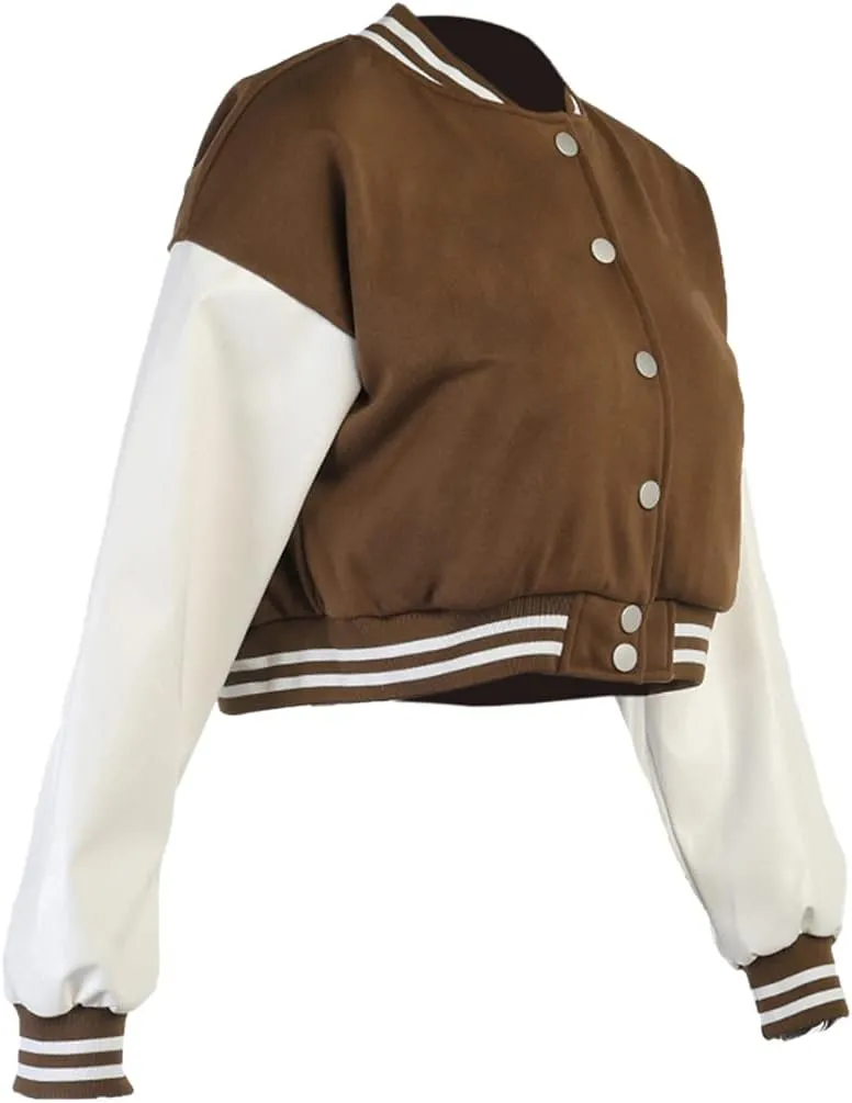 qfmqkpi Women Color block Crop Fleece Baseball Jacket Button Down Bomber Coats Sweatshirt