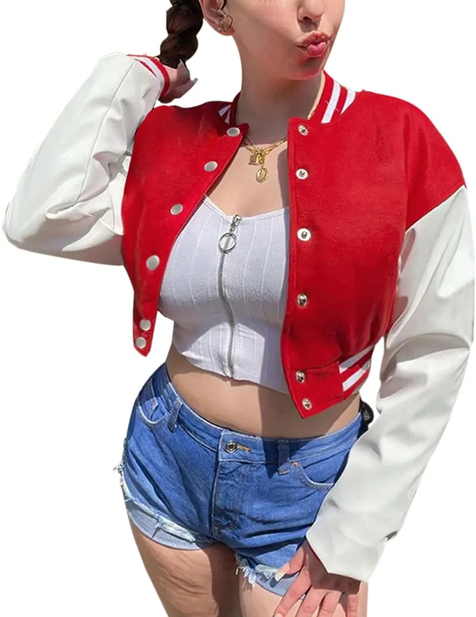 qfmqkpi Women Color block Crop Fleece Baseball Jacket Button Down Bomber Coats Sweatshirt