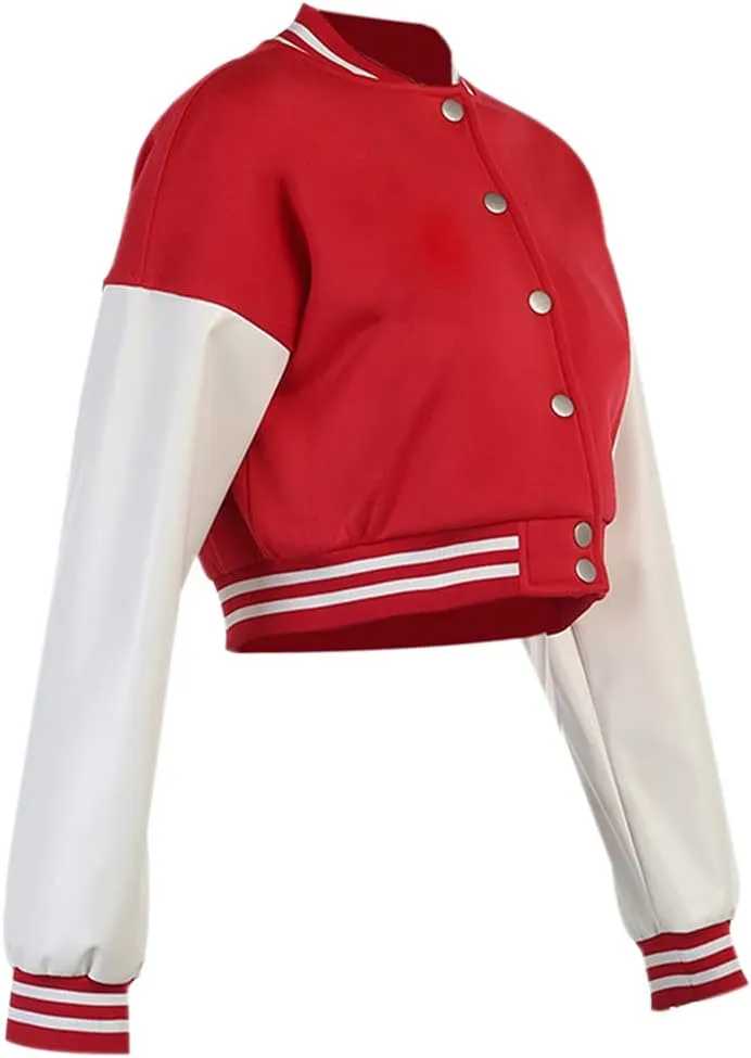 qfmqkpi Women Color block Crop Fleece Baseball Jacket Button Down Bomber Coats Sweatshirt
