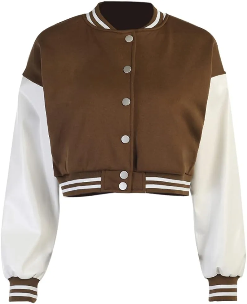 qfmqkpi Women Color block Crop Fleece Baseball Jacket Button Down Bomber Coats Sweatshirt