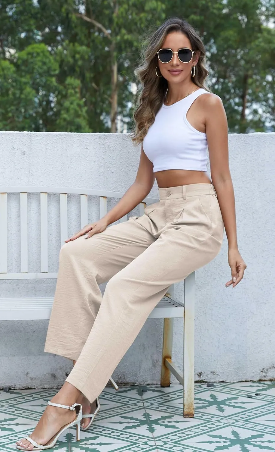 QUEZHU Women's Fall Straight Leg Pants Elastic Waisted in The Back Business Casual Trousers Long Wide Pants Trendy 2024