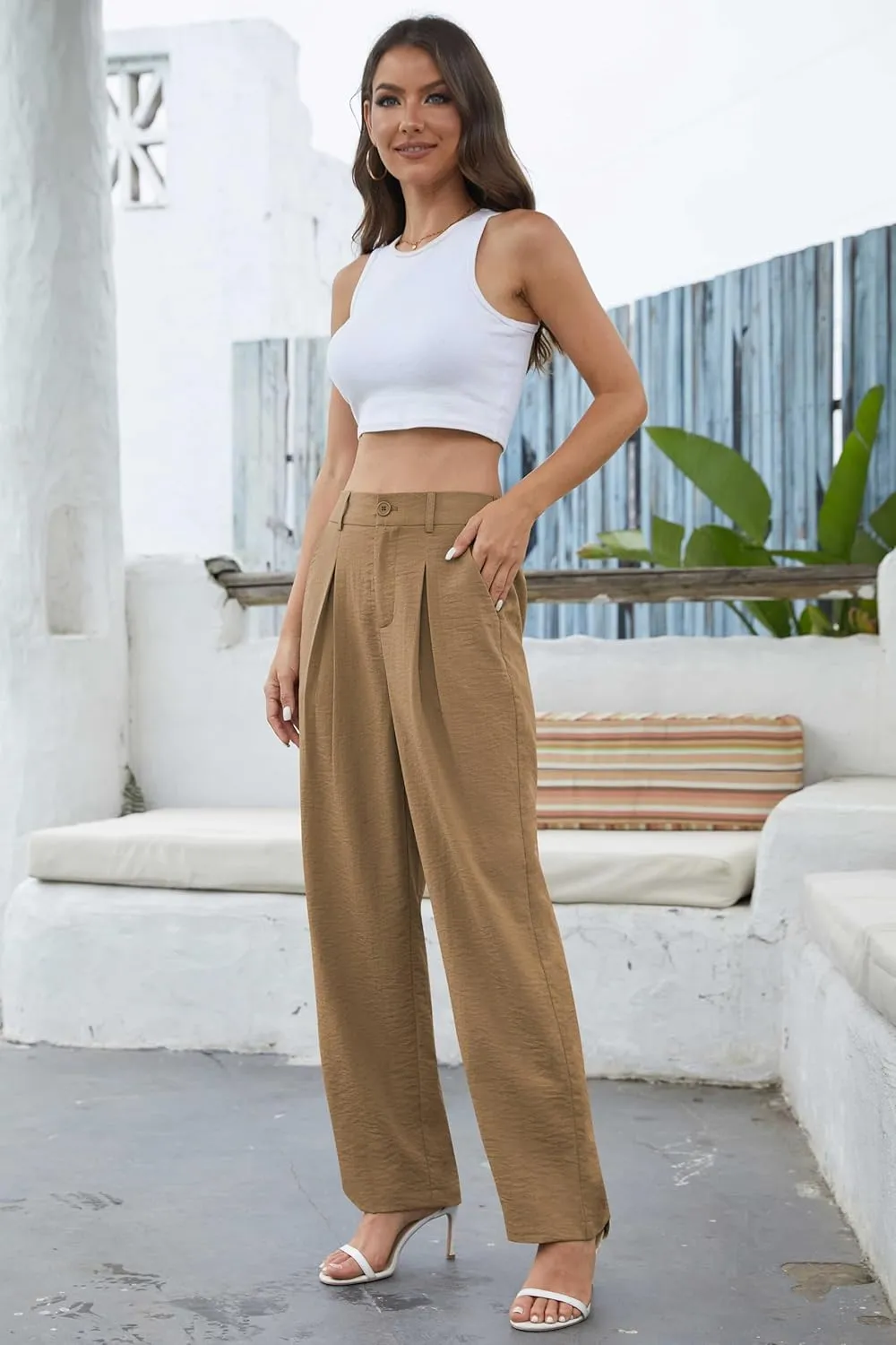 QUEZHU Women's Fall Straight Leg Pants Elastic Waisted in The Back Business Casual Trousers Long Wide Pants Trendy 2024