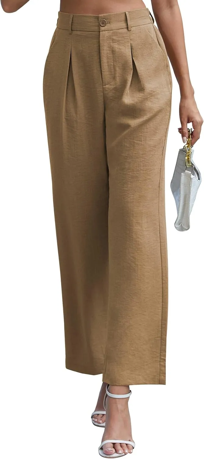 QUEZHU Women's Fall Straight Leg Pants Elastic Waisted in The Back Business Casual Trousers Long Wide Pants Trendy 2024