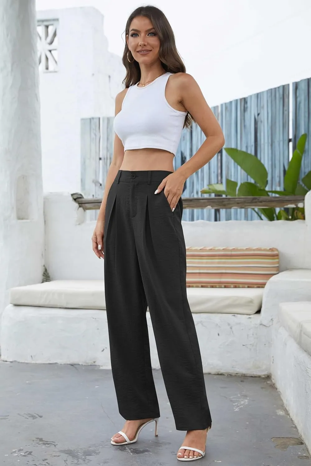 QUEZHU Women's Fall Straight Leg Pants Elastic Waisted in The Back Business Casual Trousers Long Wide Pants Trendy 2024