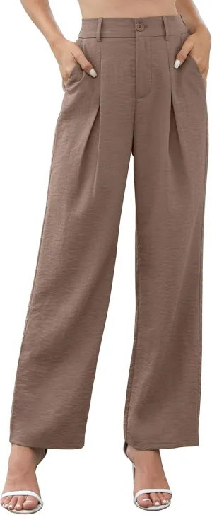 QUEZHU Women's Fall Straight Leg Pants Elastic Waisted in The Back Business Casual Trousers Long Wide Pants Trendy 2024