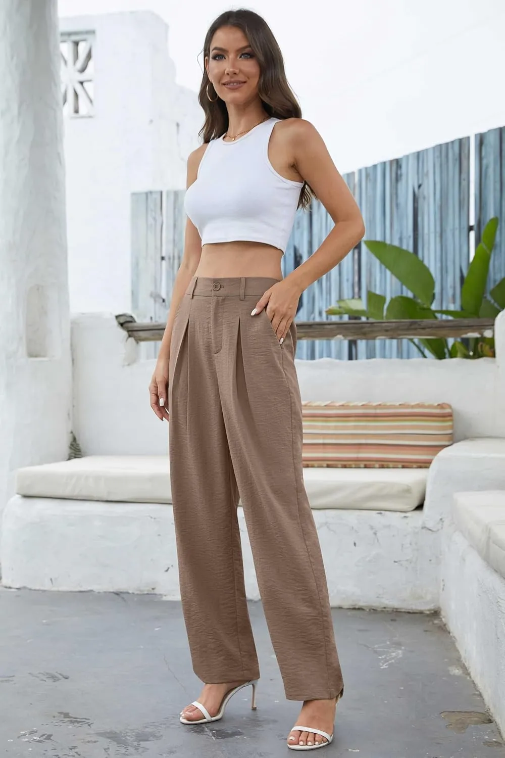 QUEZHU Women's Fall Straight Leg Pants Elastic Waisted in The Back Business Casual Trousers Long Wide Pants Trendy 2024