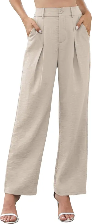 QUEZHU Women's Fall Straight Leg Pants Elastic Waisted in The Back Business Casual Trousers Long Wide Pants Trendy 2024