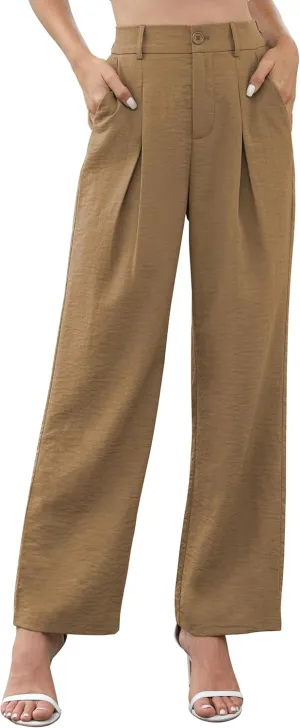 QUEZHU Women's Fall Straight Leg Pants Elastic Waisted in The Back Business Casual Trousers Long Wide Pants Trendy 2024