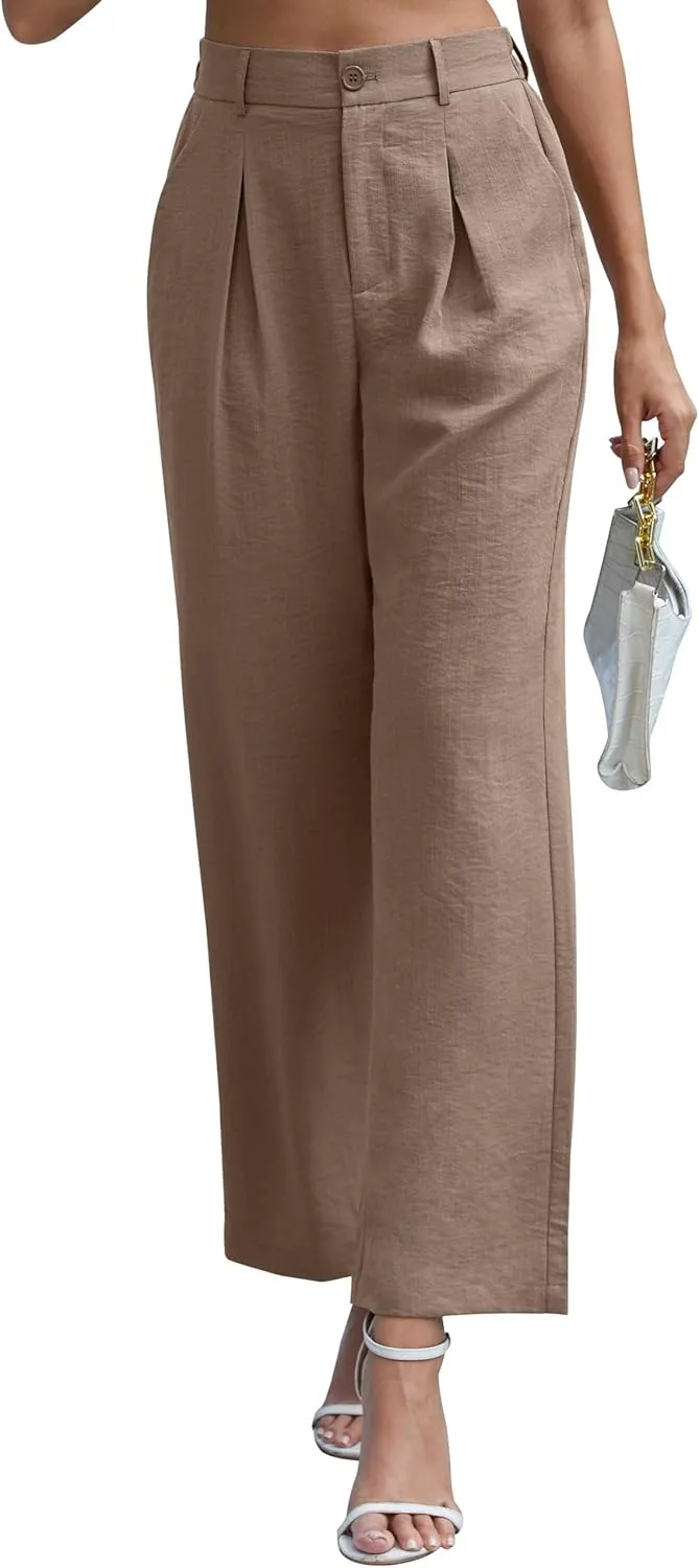 QUEZHU Women's Fall Straight Leg Pants Elastic Waisted in The Back Business Casual Trousers Long Wide Pants Trendy 2024