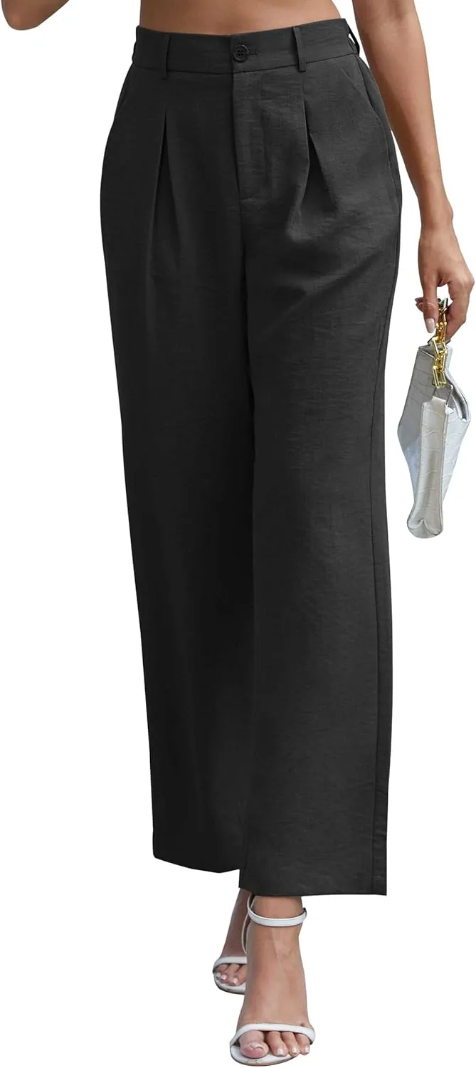 QUEZHU Women's Fall Straight Leg Pants Elastic Waisted in The Back Business Casual Trousers Long Wide Pants Trendy 2024
