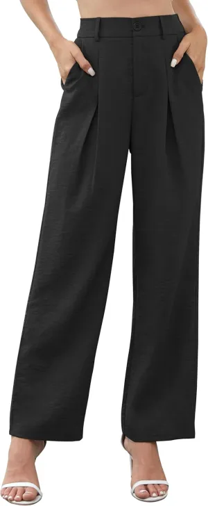 QUEZHU Women's Fall Straight Leg Pants Elastic Waisted in The Back Business Casual Trousers Long Wide Pants Trendy 2024