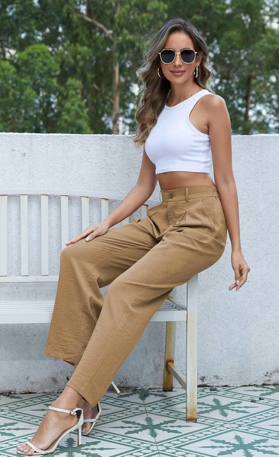 QUEZHU Women's Fall Straight Leg Pants Elastic Waisted in The Back Business Casual Trousers Long Wide Pants Trendy 2024