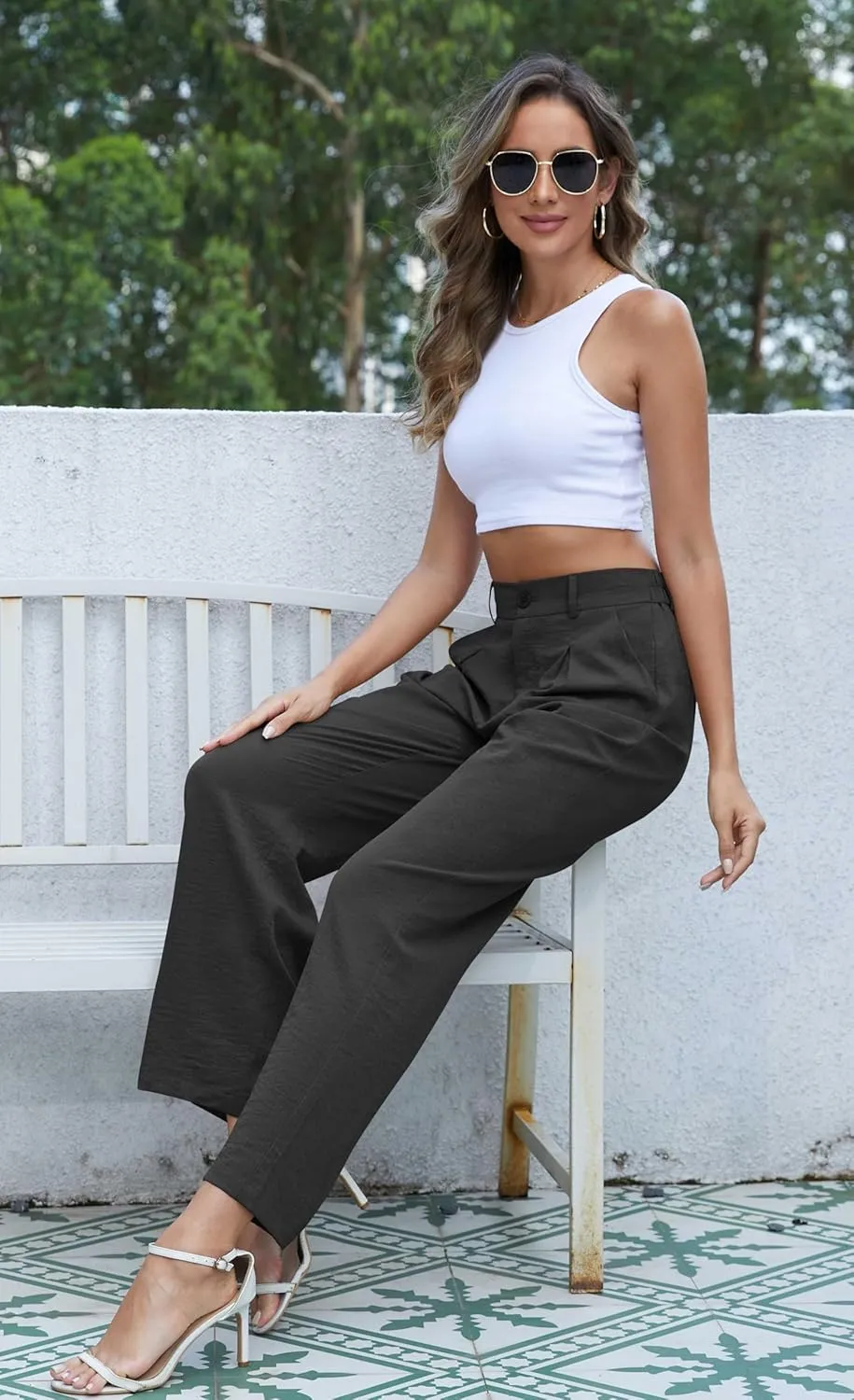 QUEZHU Women's Fall Straight Leg Pants Elastic Waisted in The Back Business Casual Trousers Long Wide Pants Trendy 2024
