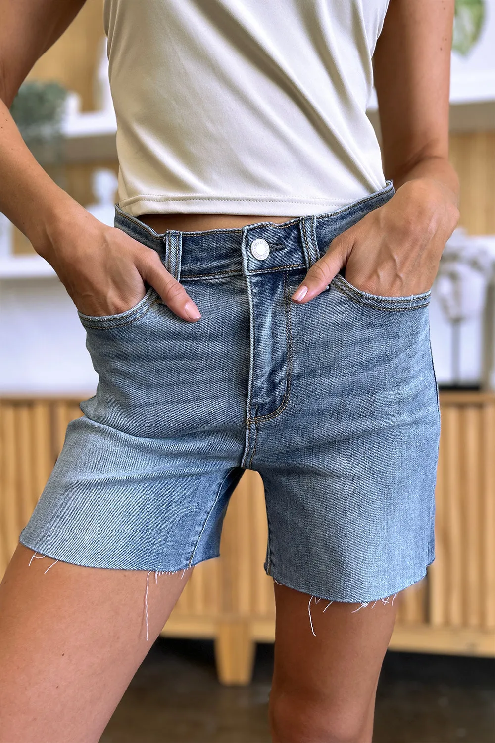 "Get it Girl" High Waist Raw Hem Denim Shorts
