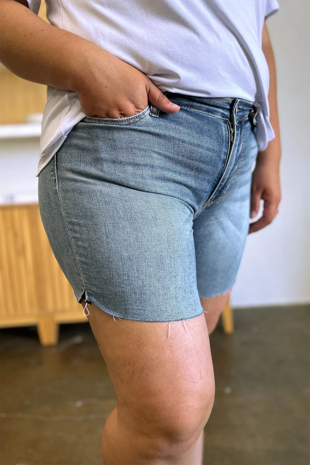 "Get it Girl" High Waist Raw Hem Denim Shorts