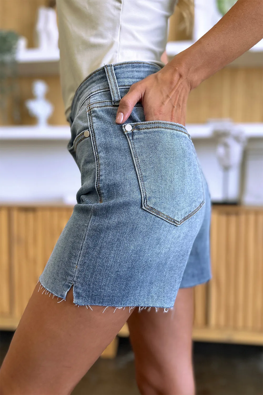 "Get it Girl" High Waist Raw Hem Denim Shorts