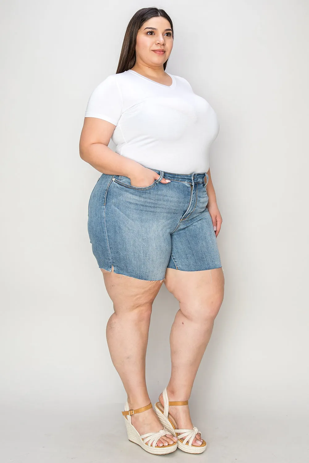 "Get it Girl" High Waist Raw Hem Denim Shorts