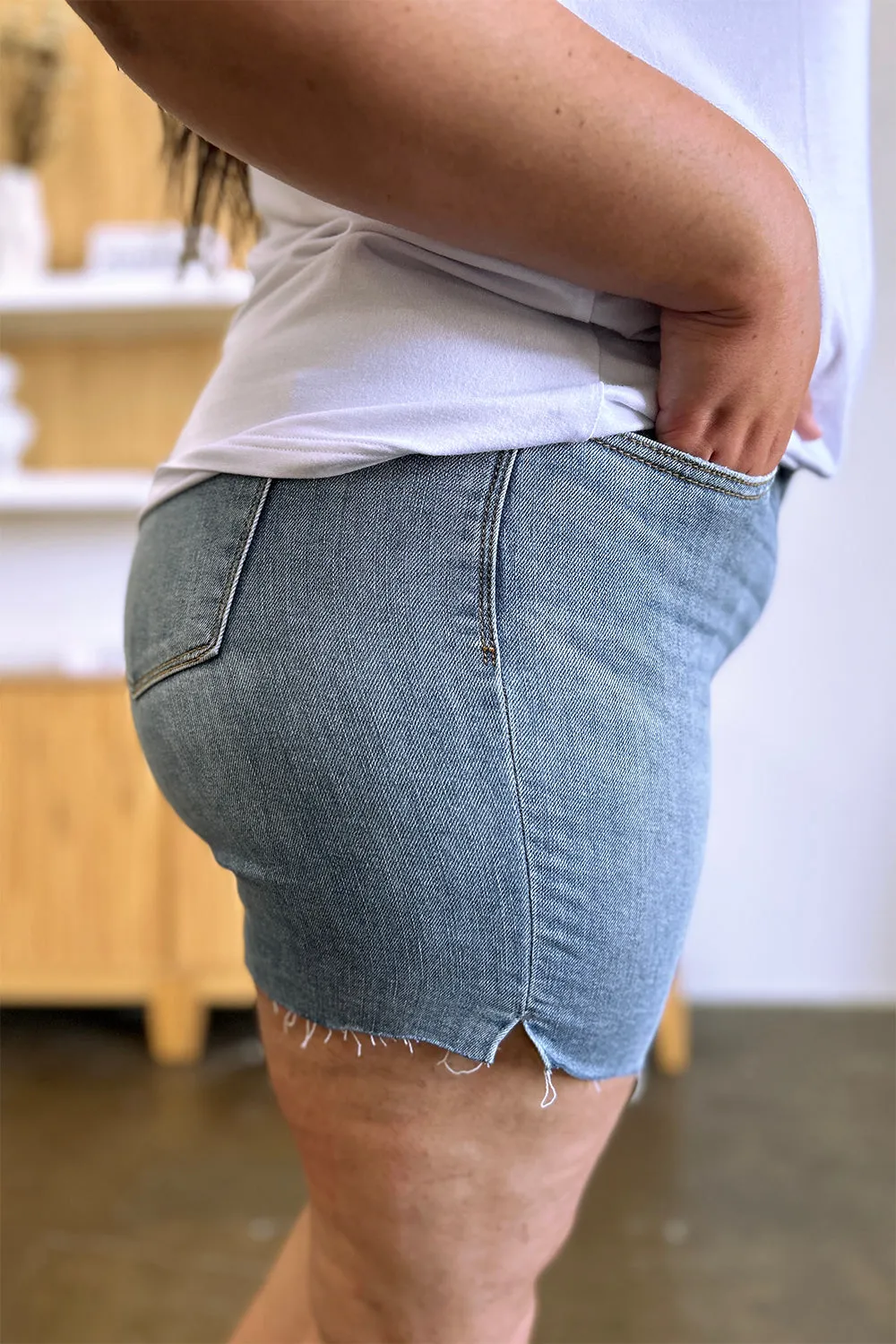 "Get it Girl" High Waist Raw Hem Denim Shorts