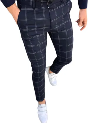 QWENTMTNTY Mens Chinos Plaid Dress Pants Skinny Slim Fit Casual Stretch Pants Big and Tall Flat Front Pockets Business Slacks Navy