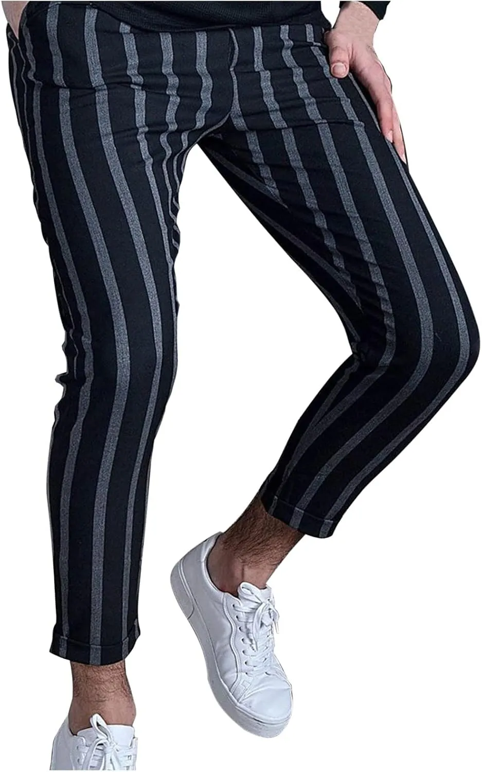 QWENTMTNTY Mens Striped Slim Fit Dress Pants Stretch Wrinkle Free Chino Pants Business Casual Straight Leg Tapered Pants Gray