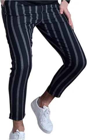 QWENTMTNTY Mens Striped Slim Fit Dress Pants Stretch Wrinkle Free Chino Pants Business Casual Straight Leg Tapered Pants Gray
