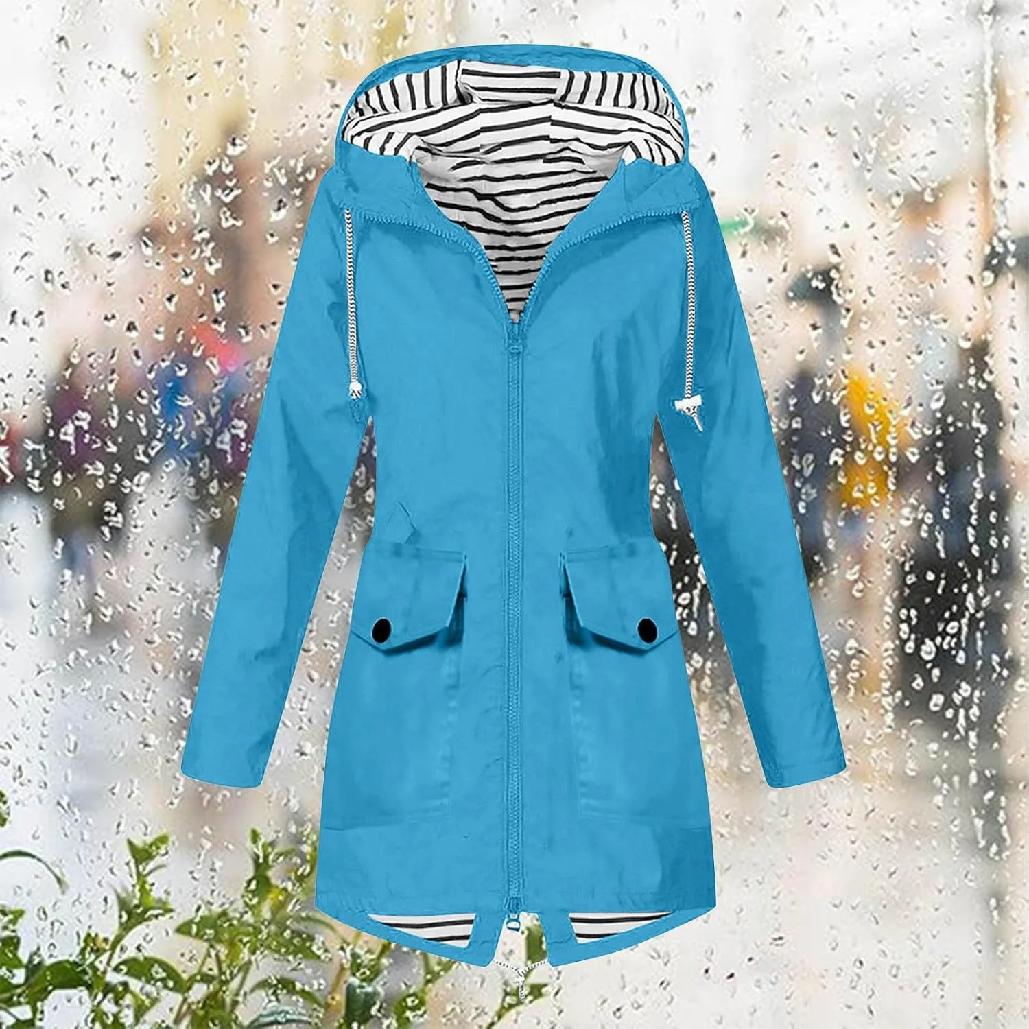 Rain Jacket for Women Lightweight Long Hooded Raincoat Waterproof Outdoor Hiking Travel Windbreaker Trench Coats