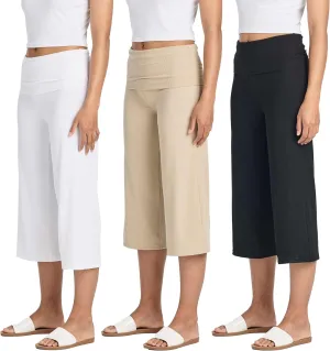 Real Essentials 3 Pack: Women's Ribbed Foldover Wide Leg Loose Capri Open Bottom Yoga Lounge Pants (Available in Plus)