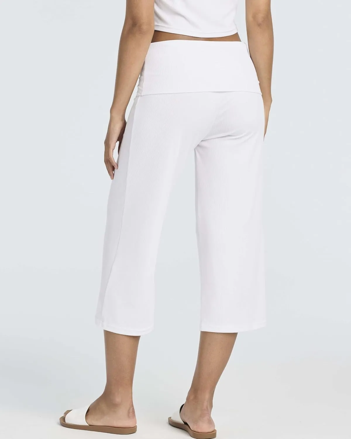 Real Essentials 3 Pack: Women's Ribbed Foldover Wide Leg Loose Capri Open Bottom Yoga Lounge Pants (Available in Plus)
