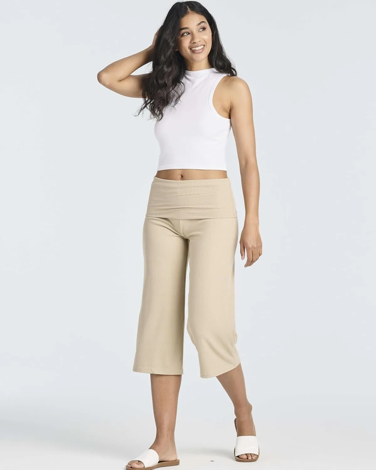 Real Essentials 3 Pack: Women's Ribbed Foldover Wide Leg Loose Capri Open Bottom Yoga Lounge Pants (Available in Plus)