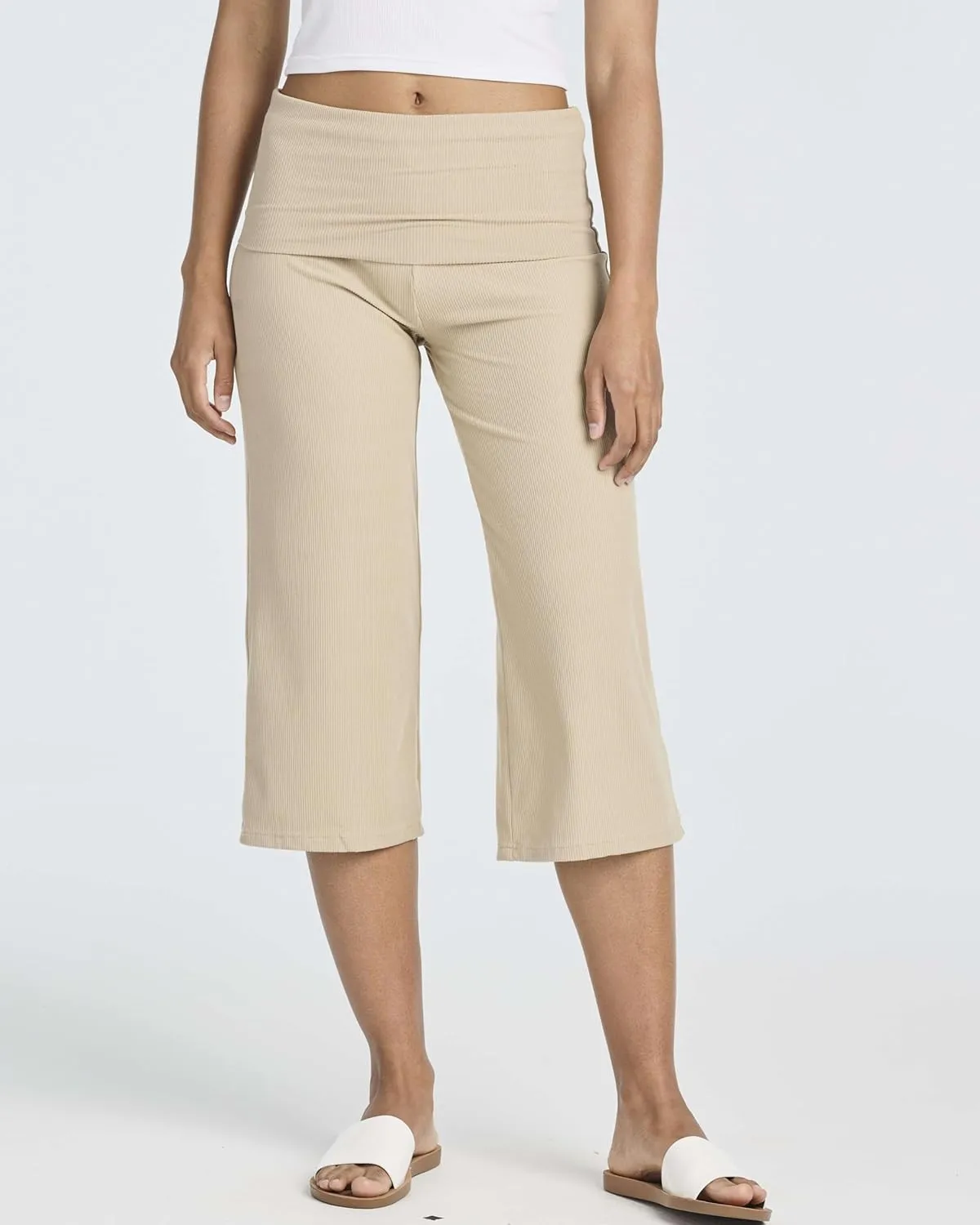 Real Essentials 3 Pack: Women's Ribbed Foldover Wide Leg Loose Capri Open Bottom Yoga Lounge Pants (Available in Plus)