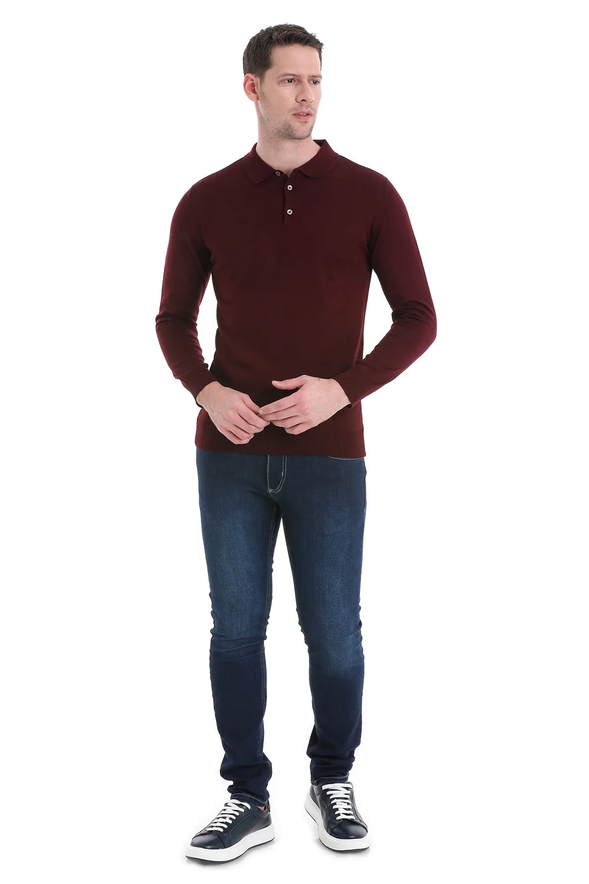 Regular Fit Wool Blend Burgundy Polo Sweater