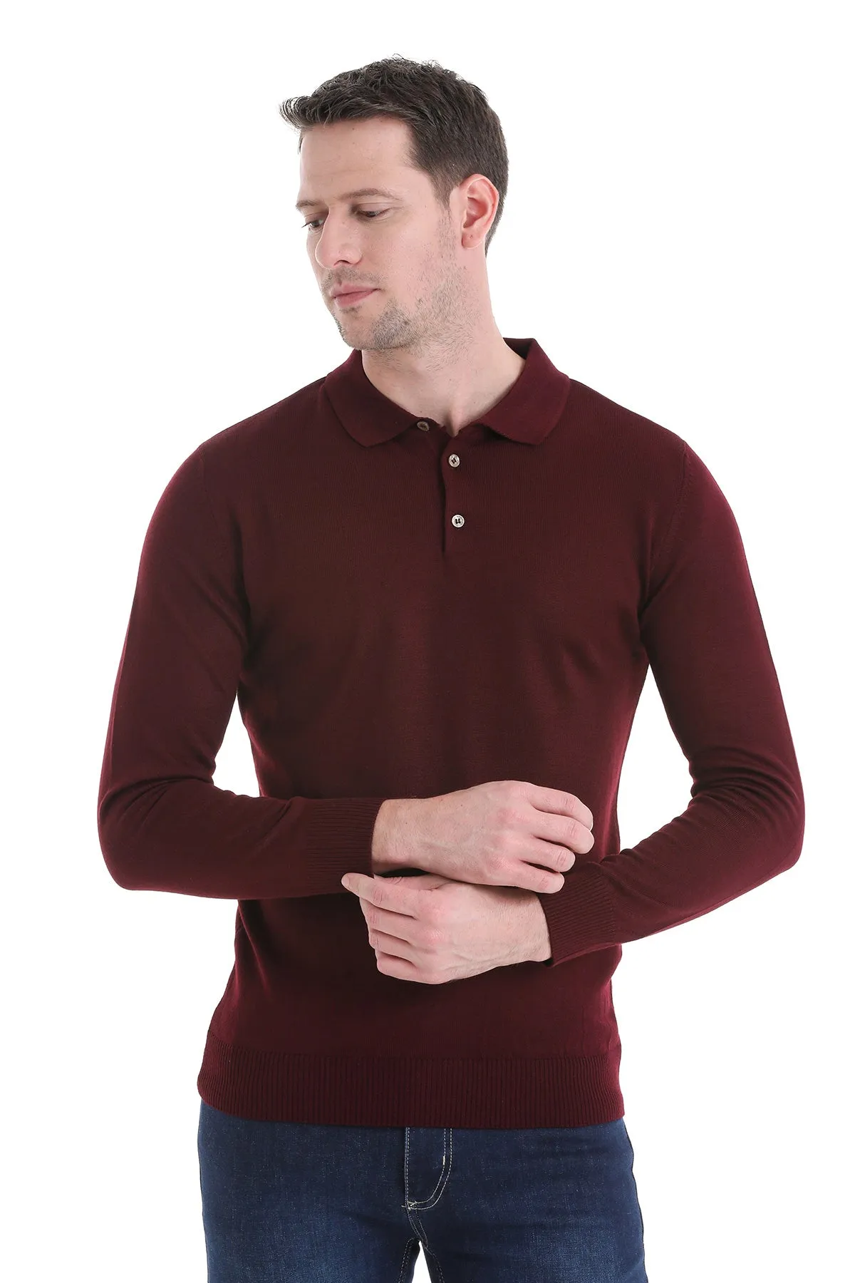 Regular Fit Wool Blend Burgundy Polo Sweater