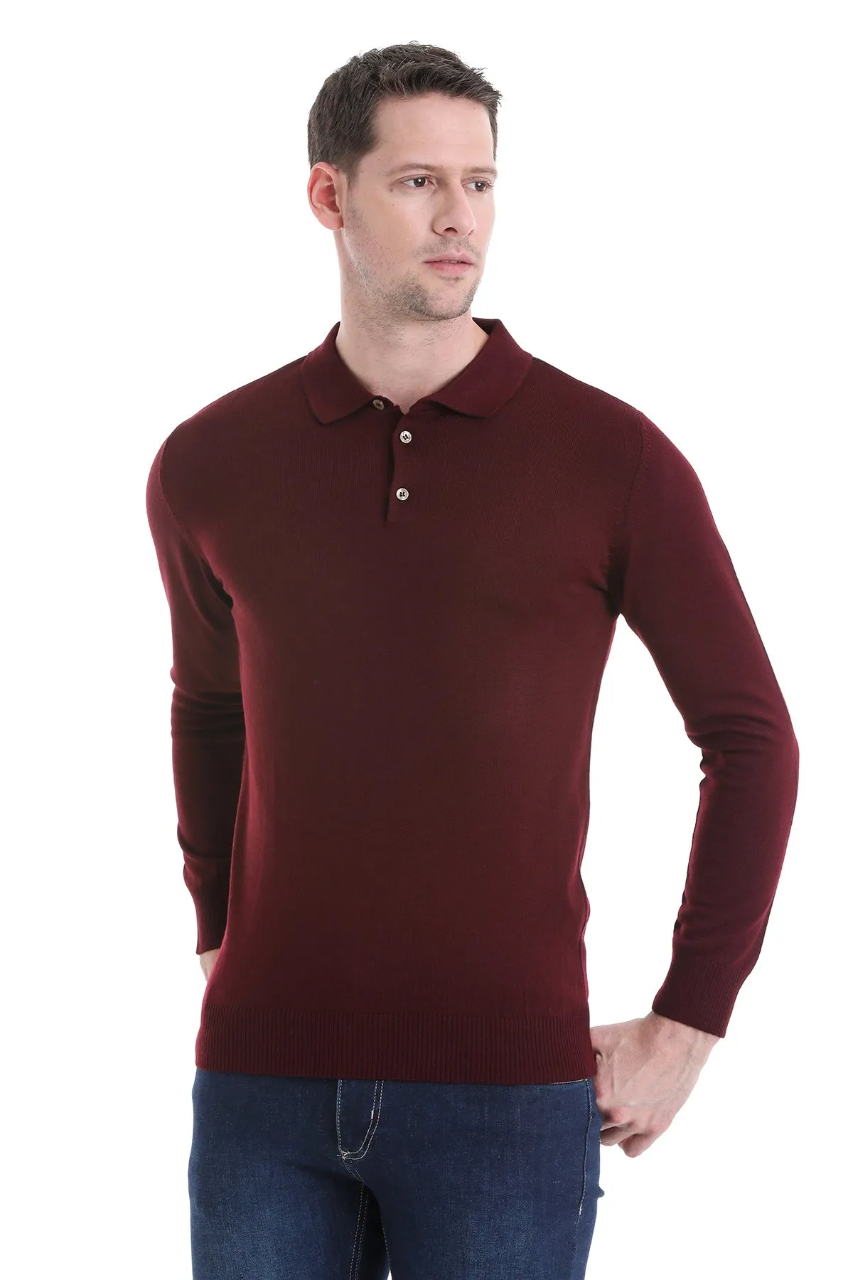 Regular Fit Wool Blend Burgundy Polo Sweater