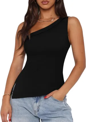 REORIA Womens One Shoulder Tops Summer Y2K Tank Top Asymmetric Sexy Cute Trendy Sleeveless Going Out Shirts 2025