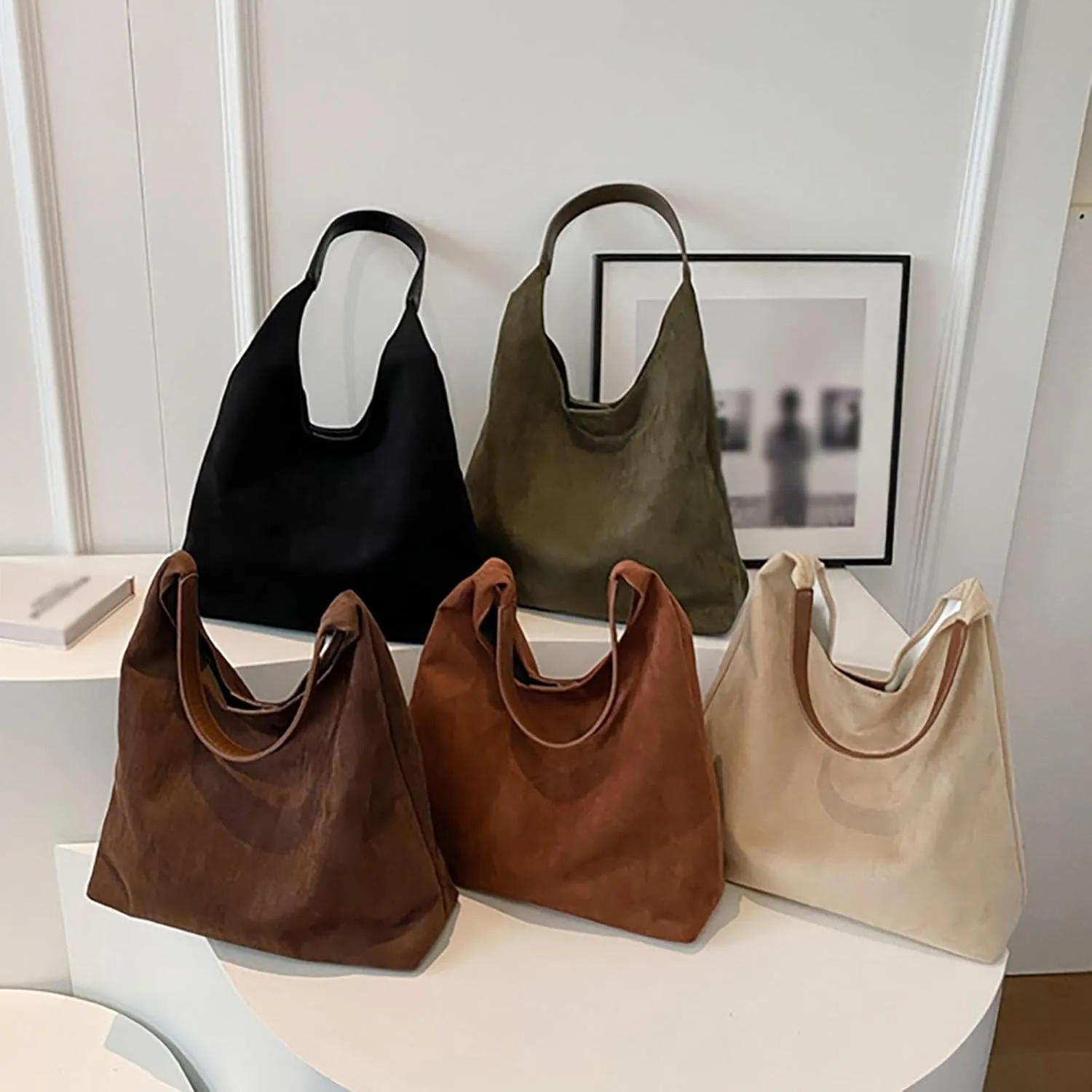 Retro Suede Crescent Shoulder Bag Women Tote Bag Satchels Crossbody Purse Top-handle Travel College Work Tote Handbag