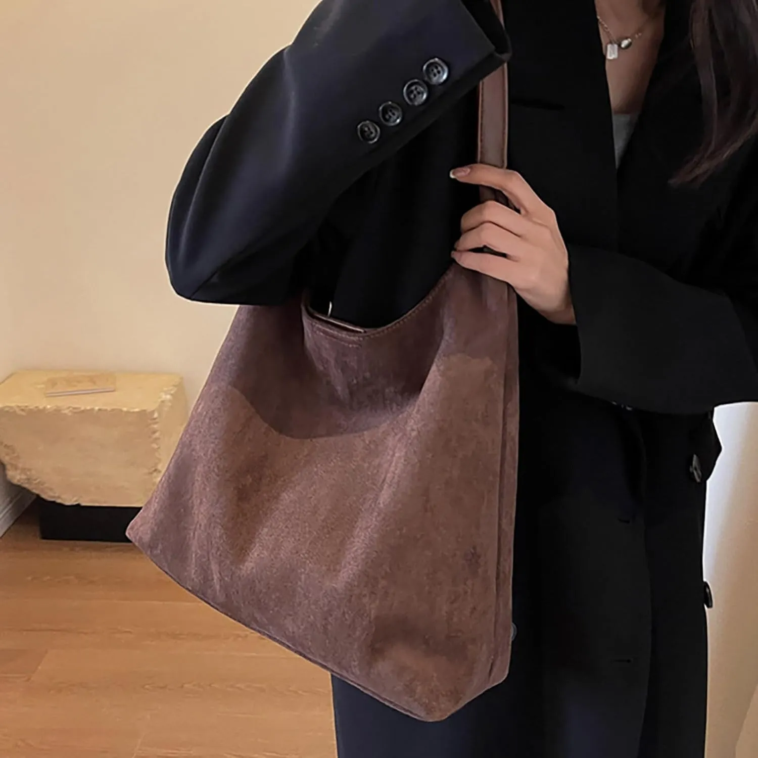 Retro Suede Crescent Shoulder Bag Women Tote Bag Satchels Crossbody Purse Top-handle Travel College Work Tote Handbag