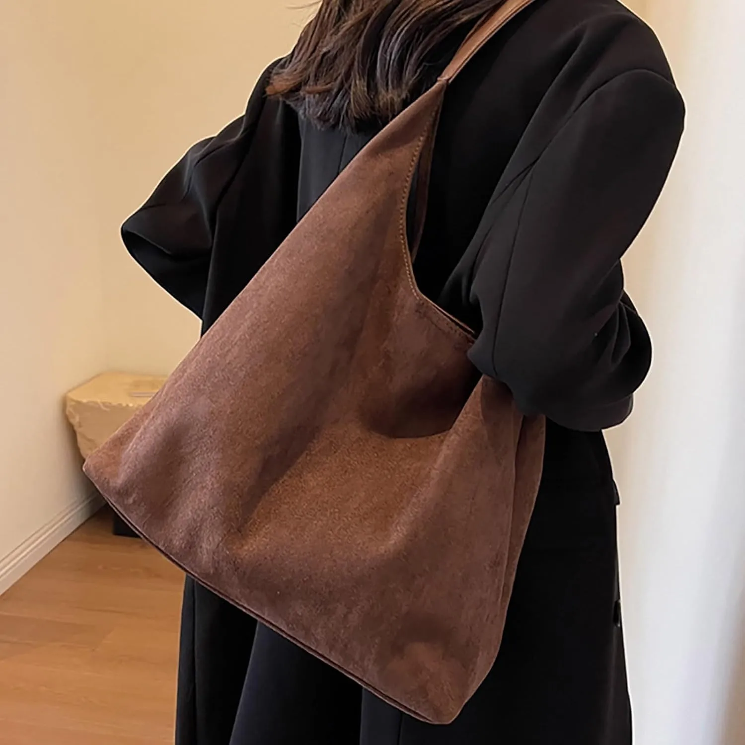 Retro Suede Crescent Shoulder Bag Women Tote Bag Satchels Crossbody Purse Top-handle Travel College Work Tote Handbag