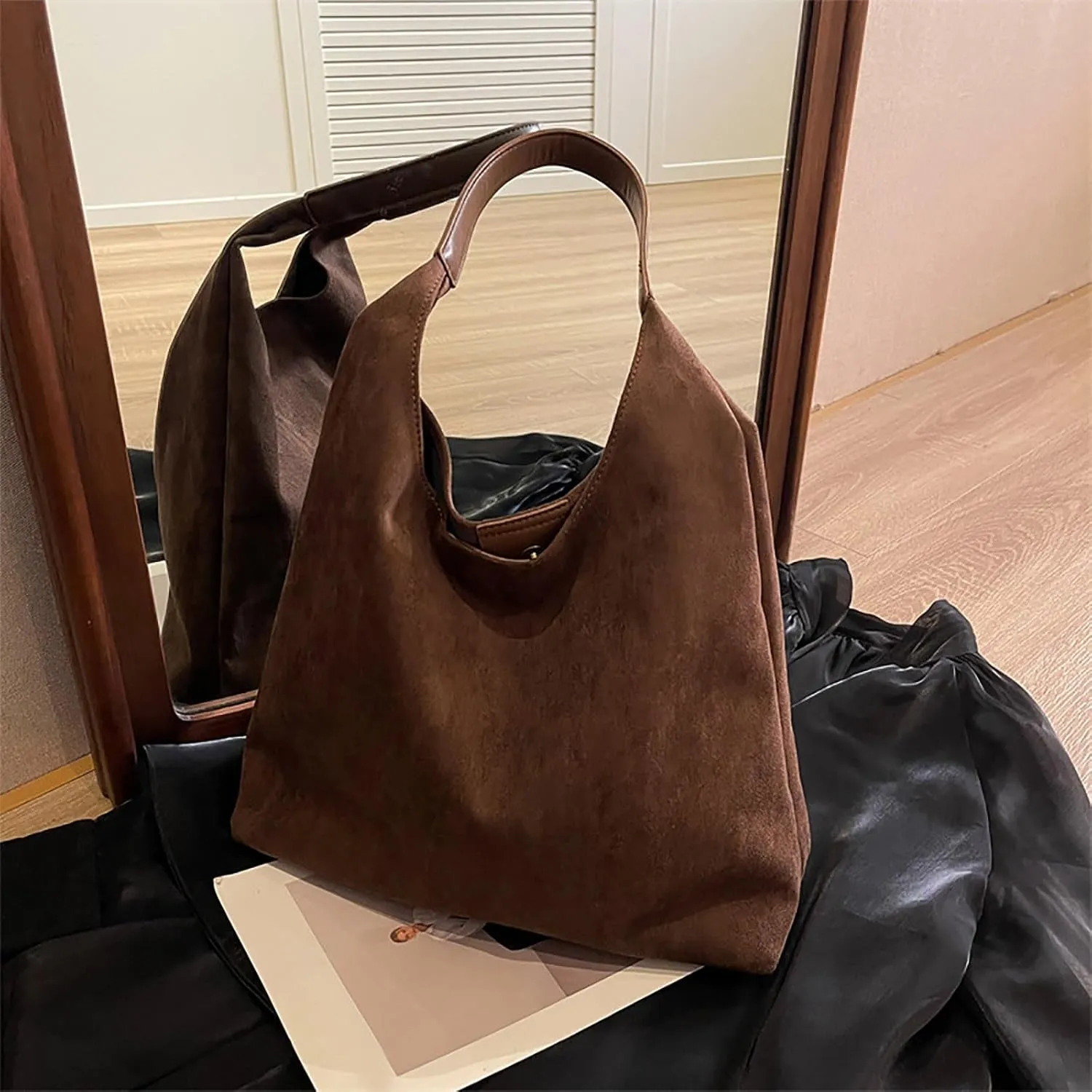 Retro Suede Crescent Shoulder Bag Women Tote Bag Satchels Crossbody Purse Top-handle Travel College Work Tote Handbag