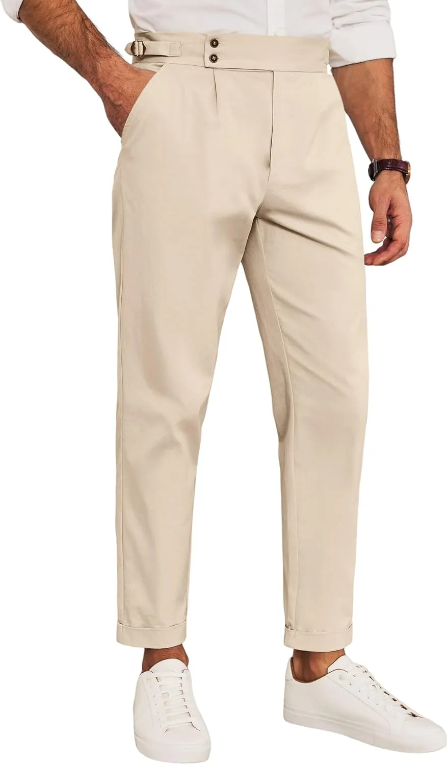 Runcati Mens Chinos Cotton Pants Slim Fit Pleated Front Dress Pants Casual Stretchy Tapered Trousers