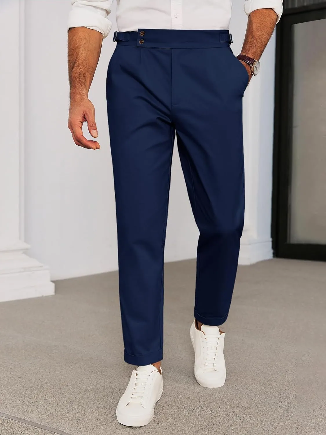 Runcati Mens Chinos Cotton Pants Slim Fit Pleated Front Dress Pants Casual Stretchy Tapered Trousers