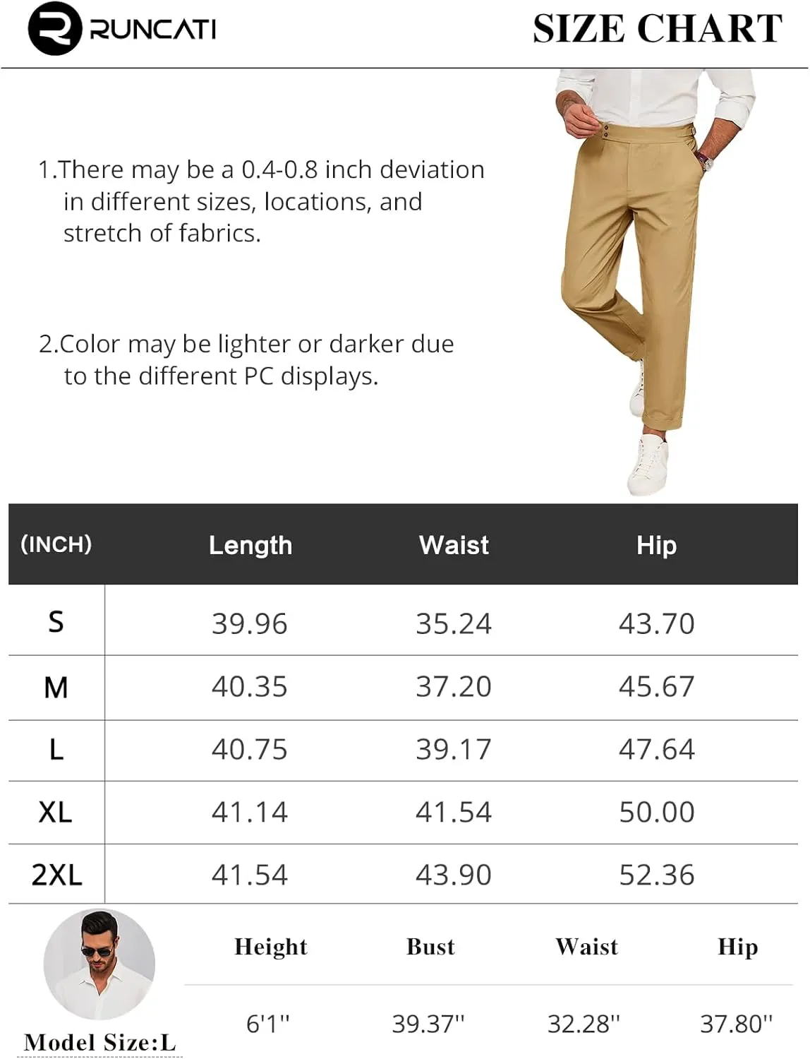 Runcati Mens Chinos Cotton Pants Slim Fit Pleated Front Dress Pants Casual Stretchy Tapered Trousers