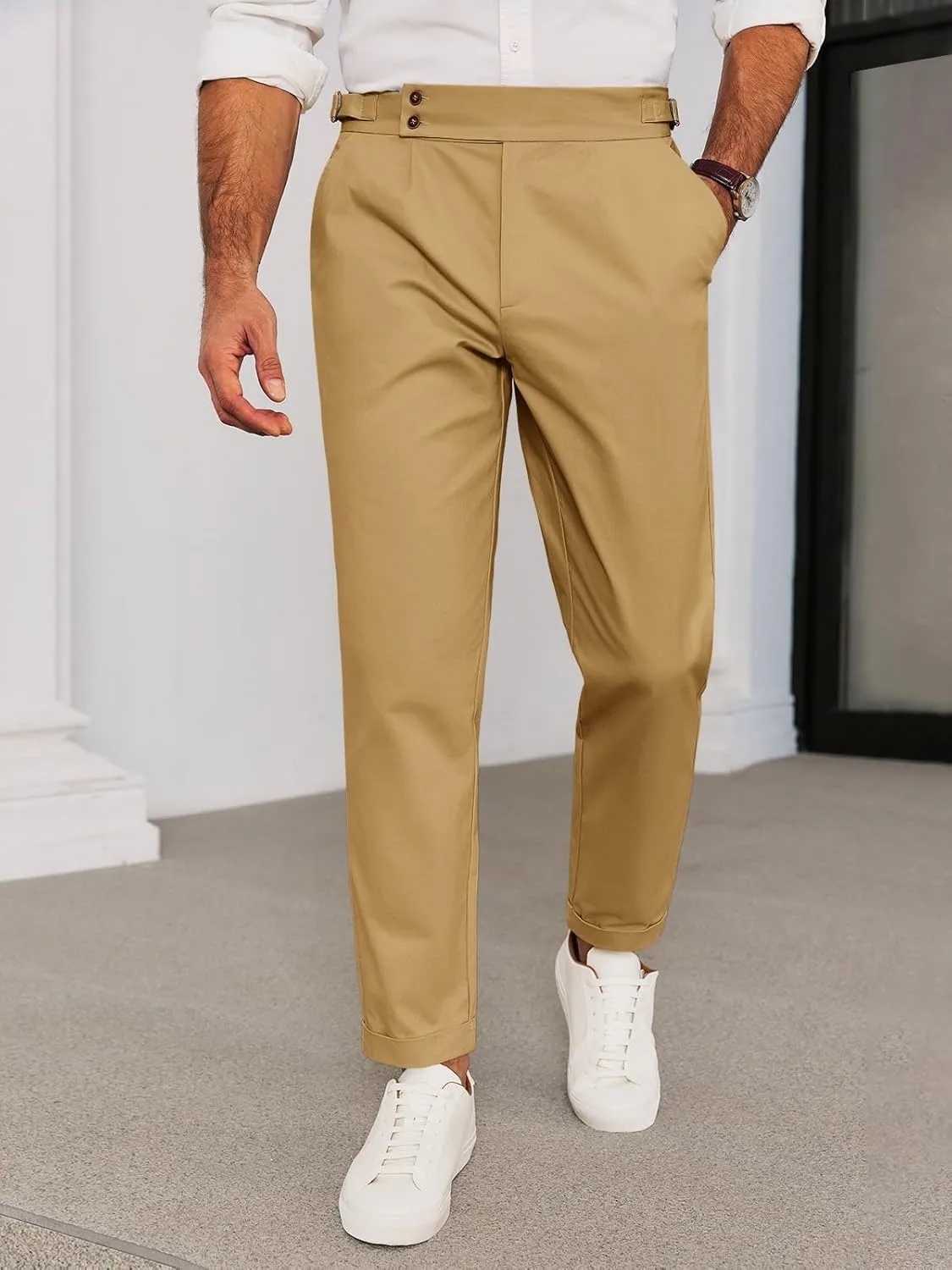 Runcati Mens Chinos Cotton Pants Slim Fit Pleated Front Dress Pants Casual Stretchy Tapered Trousers