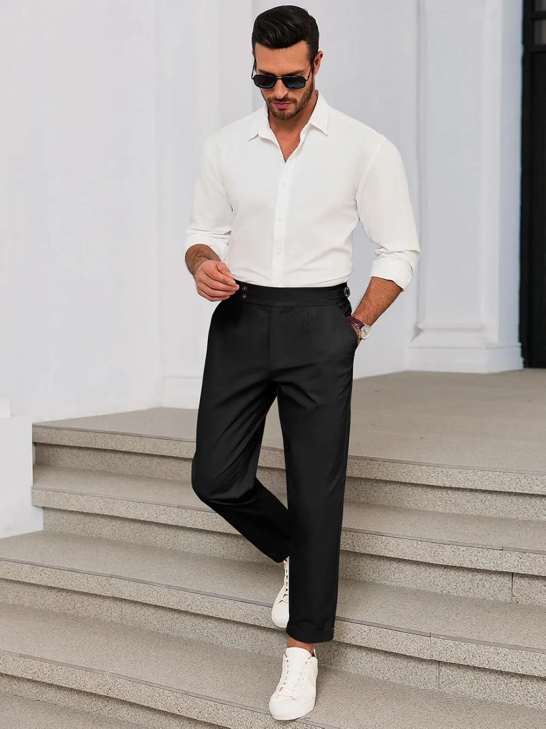 Runcati Mens Chinos Cotton Pants Slim Fit Pleated Front Dress Pants Casual Stretchy Tapered Trousers